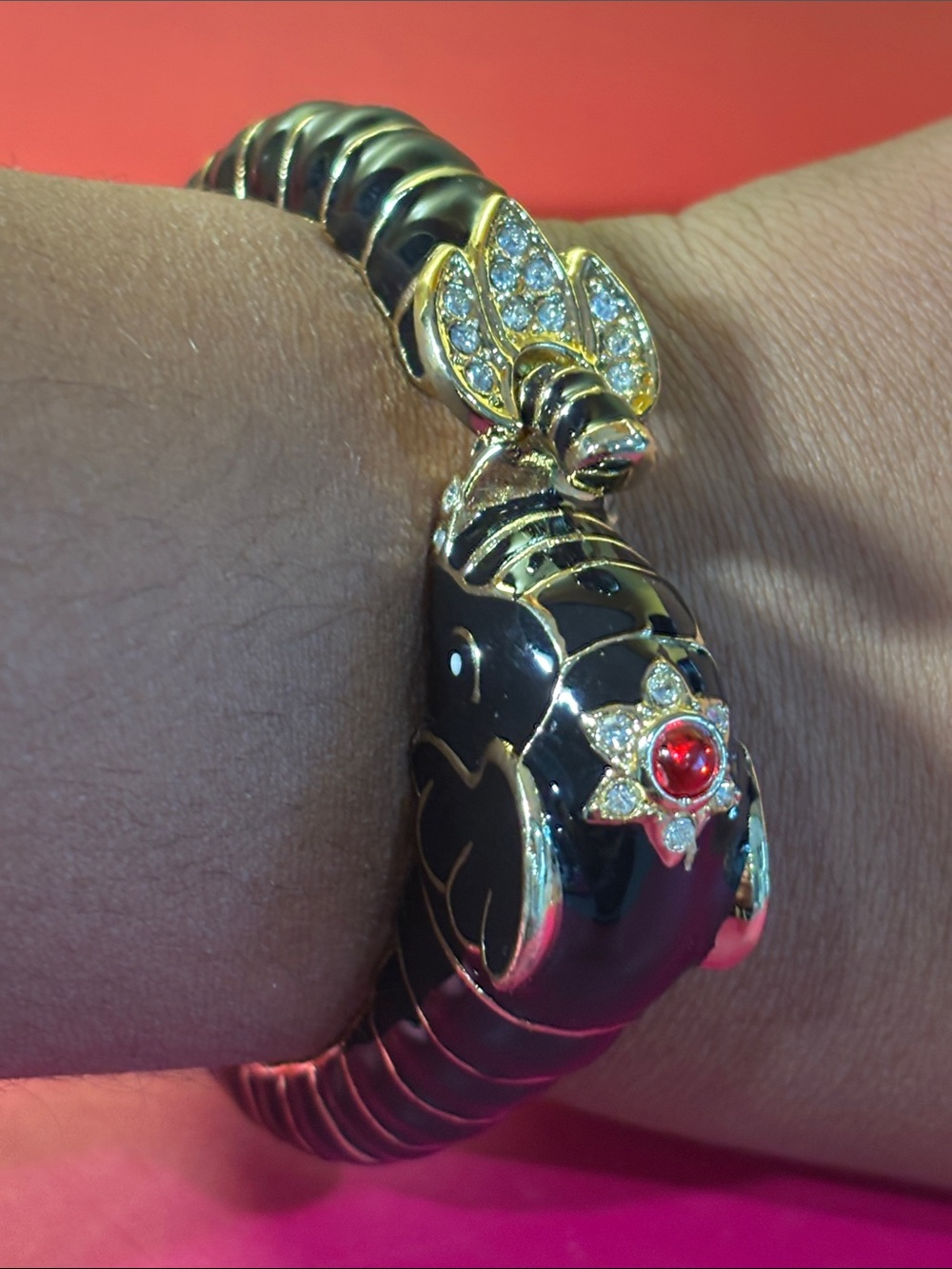 Gold & Black Koi Fish Bangle Bracelet with Red Accent